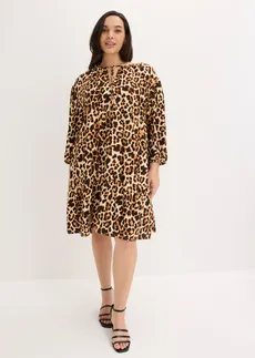 Robe-tunique imprimée en crêpe texturé, Couleur: beige/noir imprimé léopard