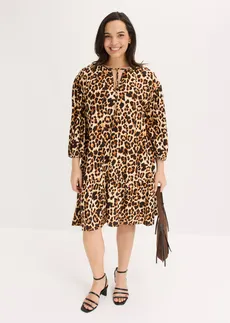 Robe-tunique imprimée en crêpe texturé, Couleur: beige/noir imprimé léopard