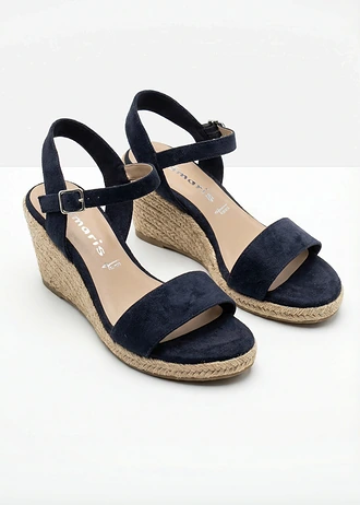 Tamaris sleehak sandaletten in raffia-look, Kleur: donkerblauw