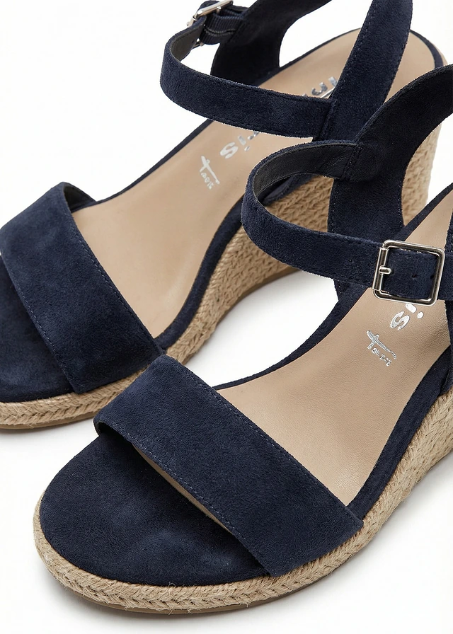 Tamaris sleehak sandaletten in raffia-look, Kleur: donkerblauw