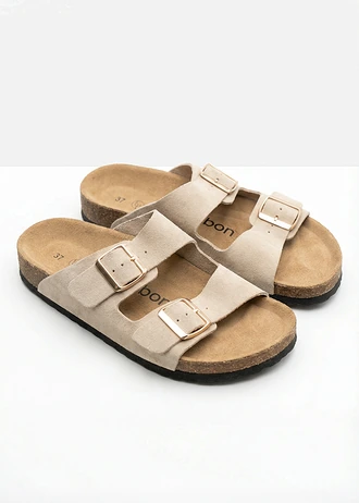 Klapki ze skóry welurowej • jasny piaskowy • sklep bonprix