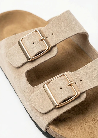 Klapki ze skóry welurowej • jasny piaskowy • sklep bonprix