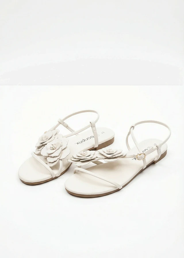 Sandalen met riempjes en bloemen, Kleur: parelwit