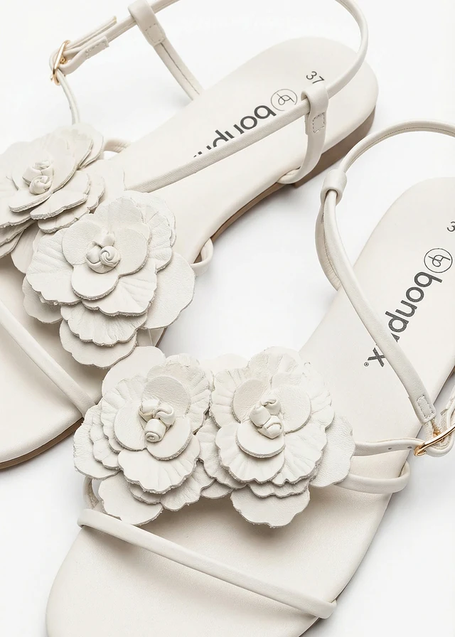 Sandales à lanières et fleurs, Couleur: blanc nacré