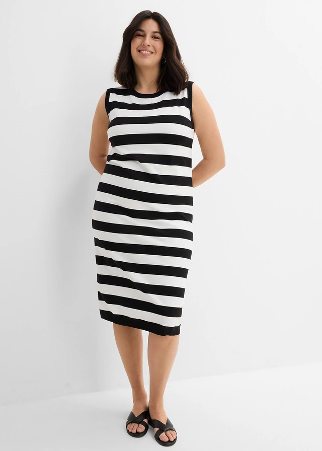 Robe en maille de coton mélangé, Couleur: noir/blanc cassé rayé