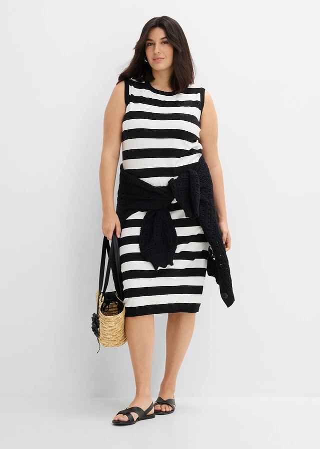 Robe en maille de coton mélangé, Couleur: noir/blanc cassé rayé