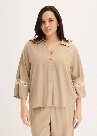 Blouse van soepele viscose, Kleur: rietbeige-kiezelgrijs