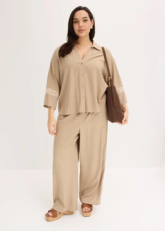 Blouse van soepele viscose, Kleur: rietbeige-kiezelgrijs