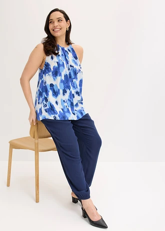 Gedessineerde blousetop, Kleur: crème/blauw gebloemd