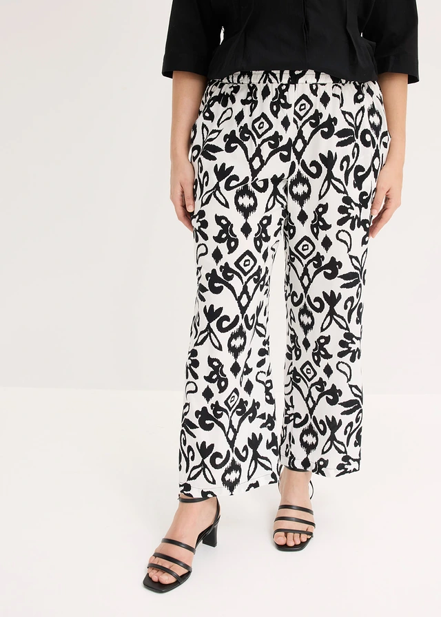 Gedessineerde Marlene Dietrich broek van soepele viscose, Kleur: wolwit-zwart gedessineerd