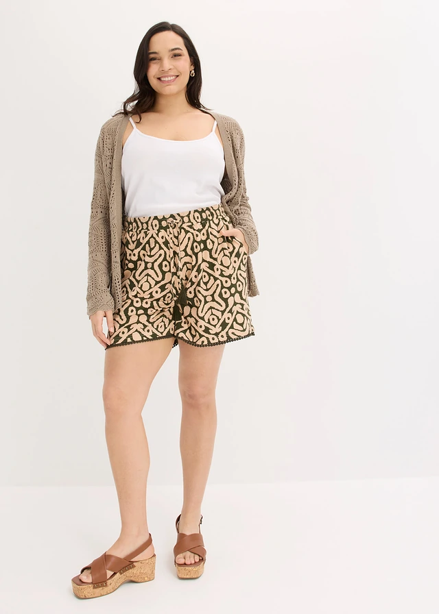 Short en jersey viscose doux, Couleur: olive foncé-beige clair imprimé