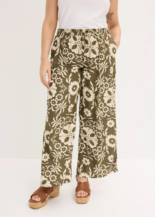 Pantalon large en viscose fluide, Couleur: olive foncé-beige galet imprimé