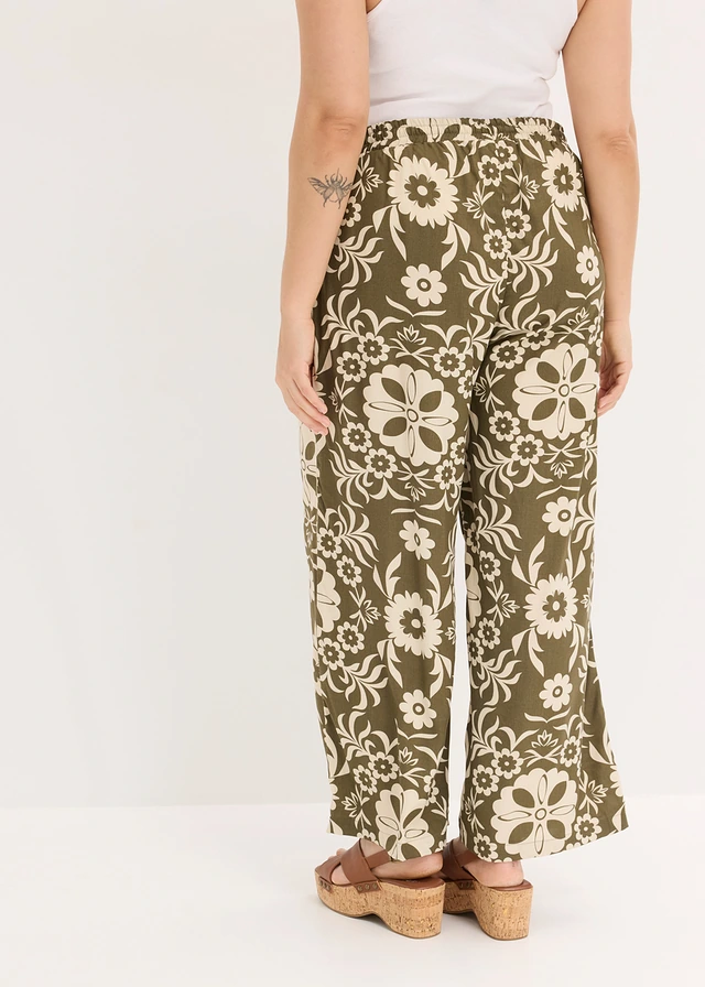 Pantalon large en viscose fluide, Couleur: olive foncé-beige galet imprimé