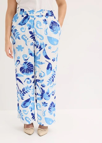 Wijde broek van gestructureerde viscose, Kleur: wit/saffierblauw gebloemd