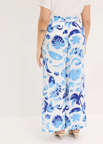 Wijde broek van gestructureerde viscose, Kleur: wit/saffierblauw gebloemd