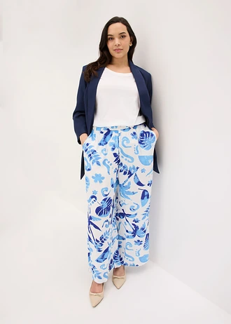 Wijde broek van gestructureerde viscose, Kleur: wit/saffierblauw gebloemd