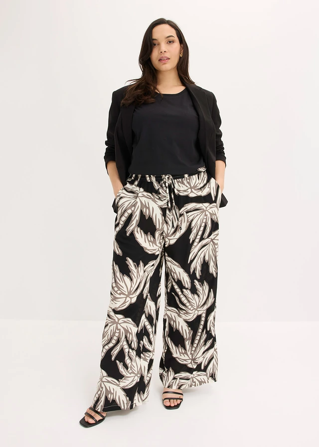 Pantalon large en viscose fluide, Couleur: noir-blanc floral