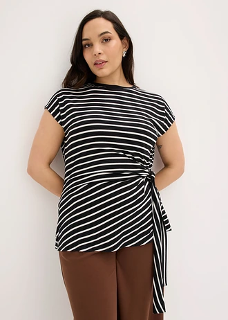 Shirt met drapering, Kleur: zwart-wolwit gestreept