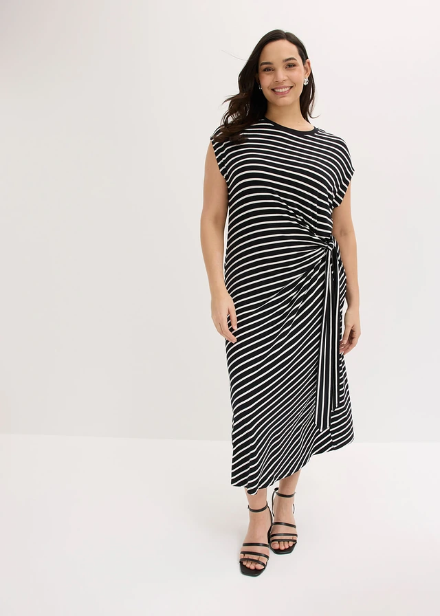 Jersey jurk met drapering, Kleur: zwart-wolwit gestreept