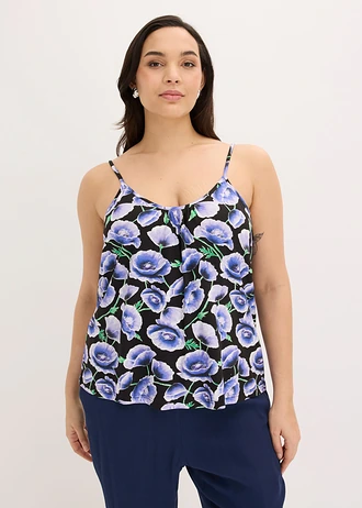 Top van een zachte viscosemix met spaghettibandjes, Kleur: zwart-blauw gebloemd