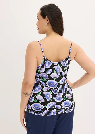 Top van een zachte viscosemix met spaghettibandjes, Kleur: zwart-blauw gebloemd