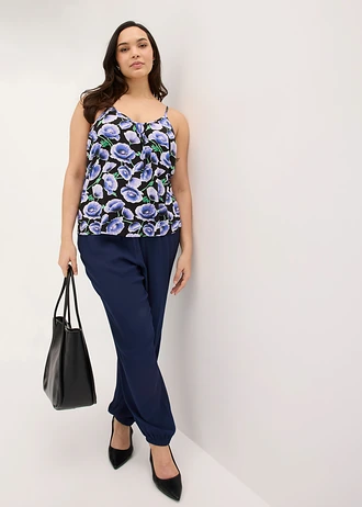 Top van een zachte viscosemix met spaghettibandjes, Kleur: zwart-blauw gebloemd