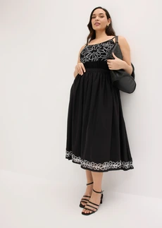 Midi rok met borduursel, Kleur: zwart gebloemd