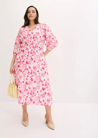Rochie midi din material cu viscoză, culoare: roz-pinklady cu imprimeu