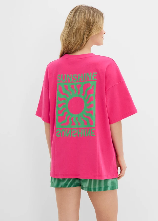 T-shirt oversize 100% coton, Couleur: fuchsia-vert opale imprimé