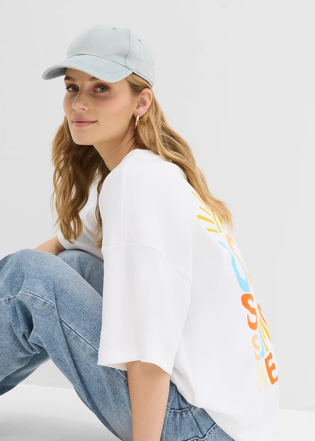 T-shirt oversize z czystej bawełny organicznej • biały z nadrukiem • sklep bonprix