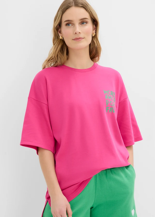 Bluză tricot oversize dom bumbac organic 100% • roz-pinklady-verde-opal cu imprimeu • magazin bonprix