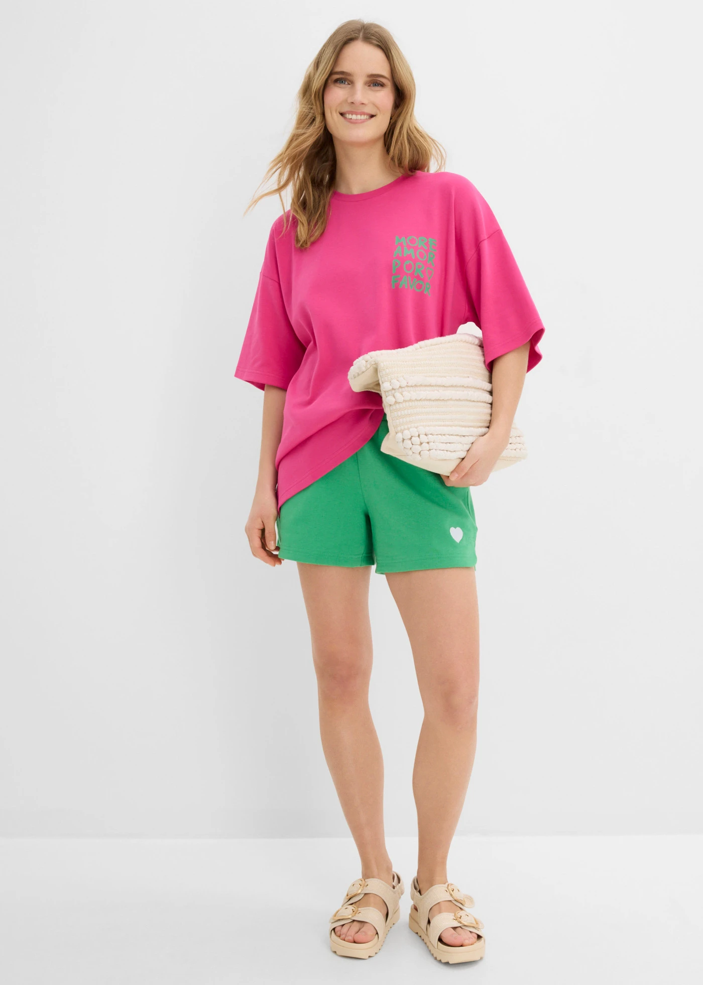 Bluză tricot oversize dom bumbac organic 100% • roz-pinklady-verde-opal cu imprimeu • magazin bonprix
