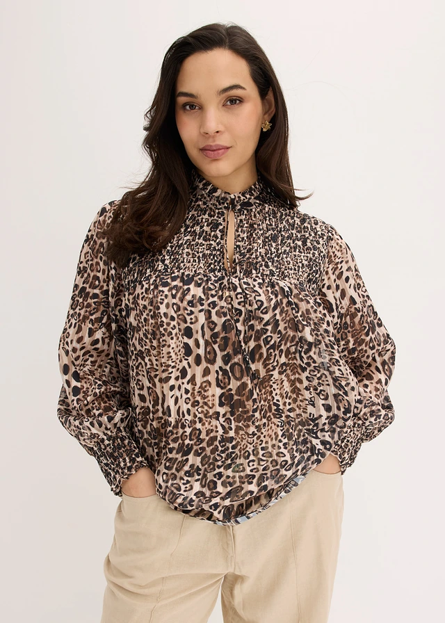 Blouse, Kleur: beige-bruin luipaardprint
