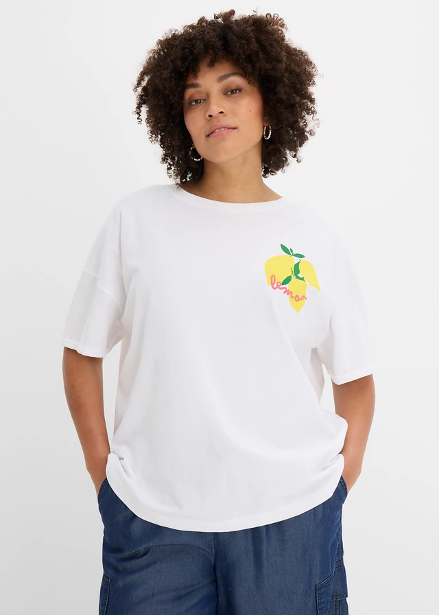 Oversized shirt van puur biologisch katoen, Kleur: wit-soft geel met print