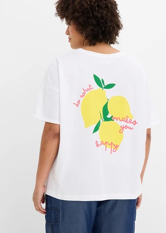 T-shirt oversize z czystej bawełny organicznej, kolor: biało-żółty kremowy z nadrukiem