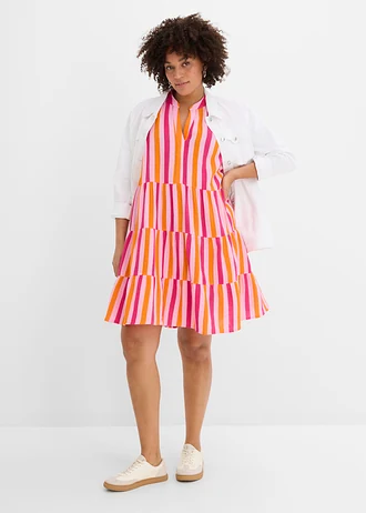 Tuniekjurk van luchtige mousseline, Kleur: roze-pinklady-feloranje verticaal gestreept
