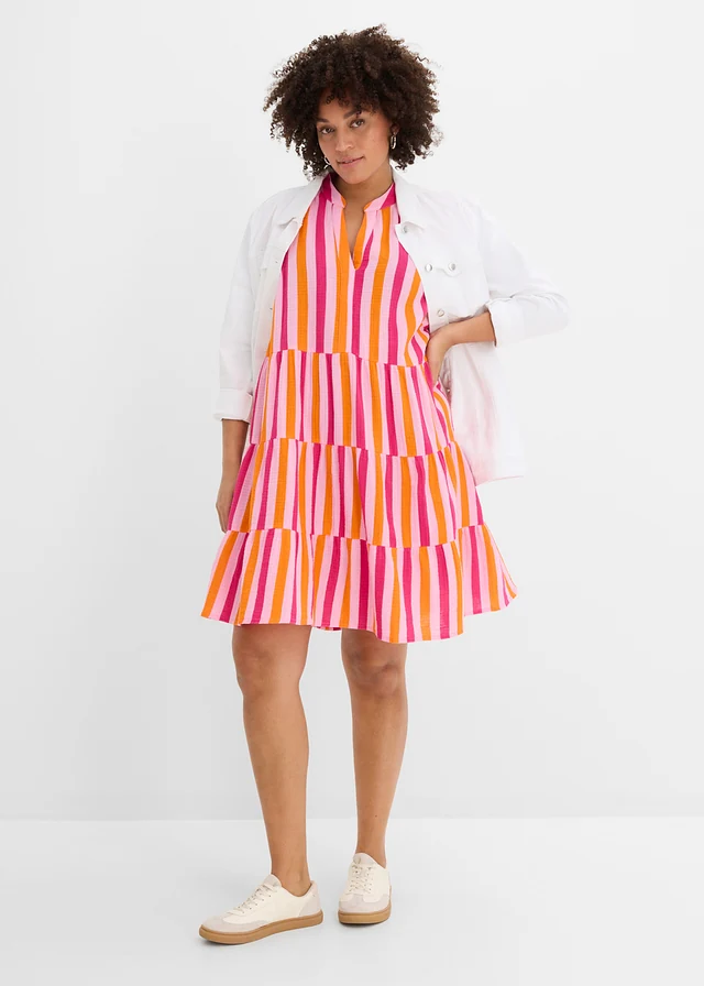 Tuniekjurk van luchtige mousseline, Kleur: roze-pinklady-feloranje verticaal gestreept