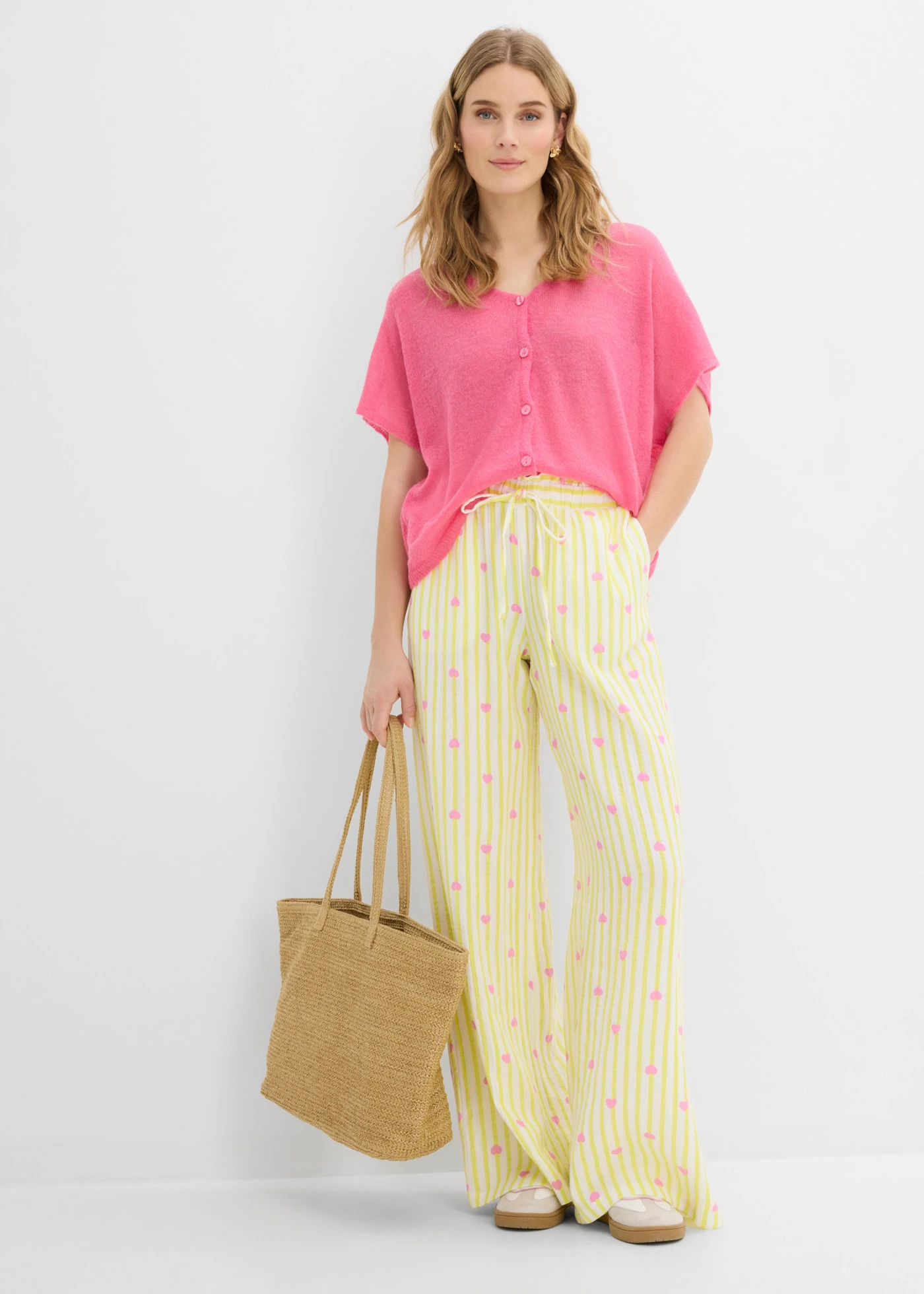 Pantaloni cu elastic și șiret în talie din muselină lejeră • galben-lămâie deschis-roz • magazin bonprix