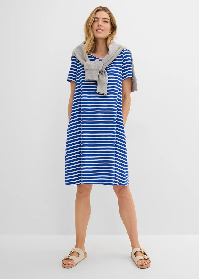 Robe fluide en coton flammé, Couleur: bleu cobalt/écru rayé