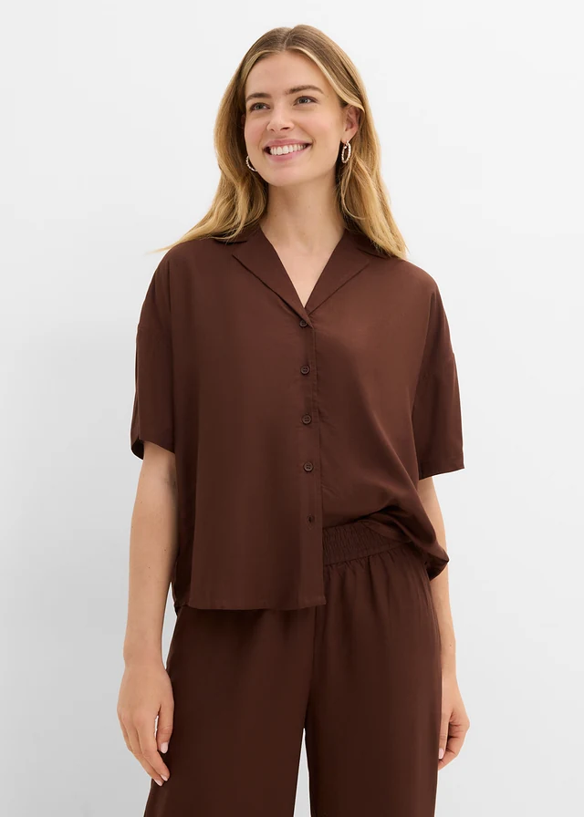 Blouse met korte mouwen van zachte viscose, Kleur: bruin