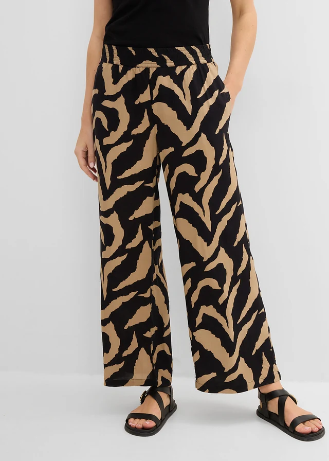 Marlene Dietrich broek in een zachte viscosemix, Kleur: zwart-mat camel gedessineerd