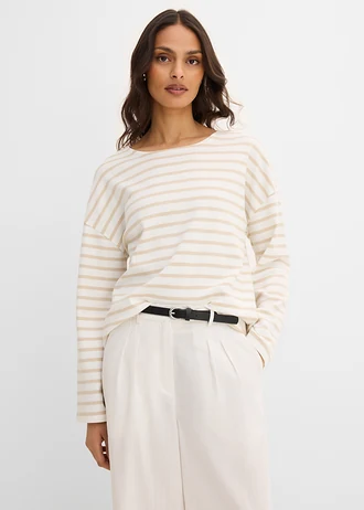 T-shirt manches longues rayé en coton • sable clair/écru rayé • Boutique bonprix