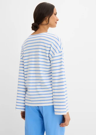 T-shirt manches longues rayé en coton • bleu moyen/écru rayé • Boutique bonprix