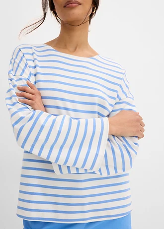 T-shirt manches longues rayé en coton • bleu moyen/écru rayé • Boutique bonprix