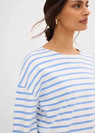 T-shirt manches longues rayé en coton • bleu moyen/écru rayé • Boutique bonprix