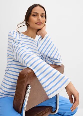 T-shirt manches longues rayé en coton • bleu moyen/écru rayé • Boutique bonprix
