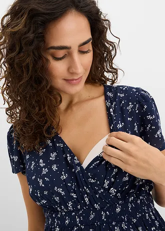 Robe de grossesse et d’allaitement en crêpe • bleu foncé-écru floral • Boutique bonprix