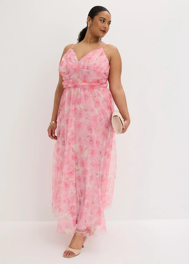 Robe longue et drapée en tulle délicat, Couleur: blanc/rose floral