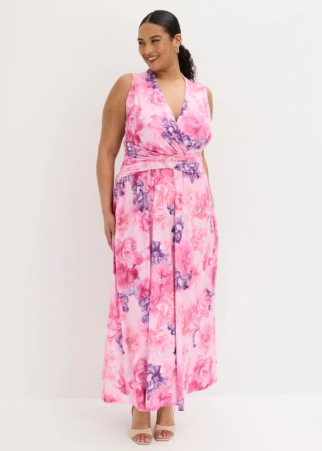 Maxi jurk van fijne jersey met accessoire-detail, Kleur: roze-paars gebloemd