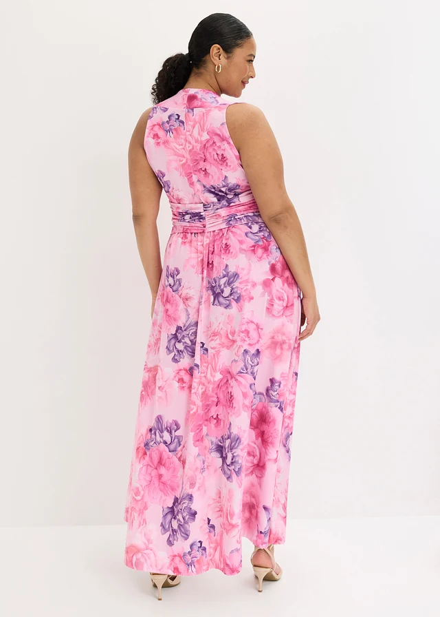 Maxi jurk van fijne jersey met accessoire-detail, Kleur: roze-paars gebloemd